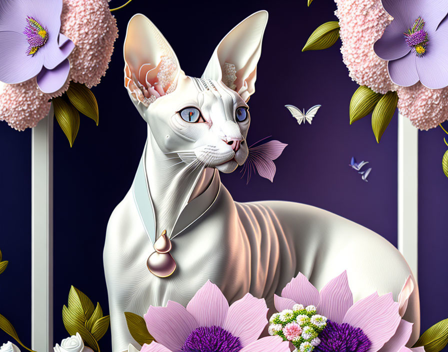 Vibrant sphynx cat digital illustration with jewelry, flowers, and butterflies