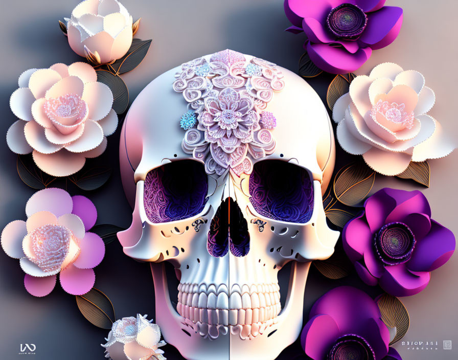 Stylized skull with floral patterns and colorful flowers on gradient background