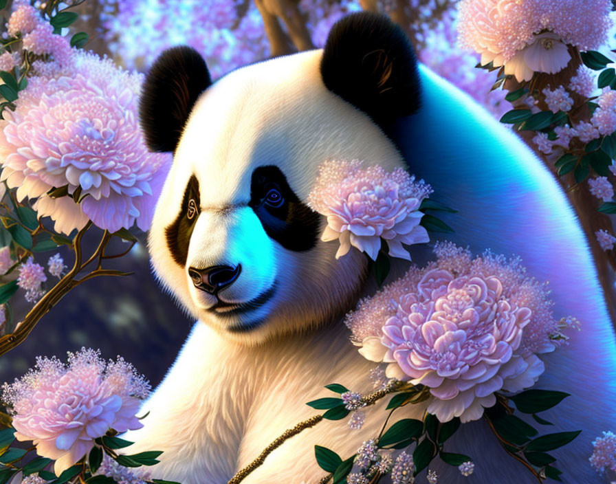 Digital artwork featuring panda among pink peonies in serene ambiance