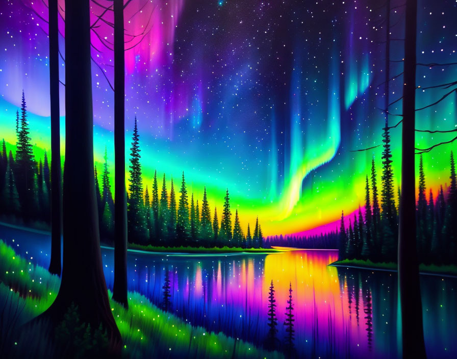 Northern Lights Painting: Vivid Purples and Greens Reflecting on Forest Lake