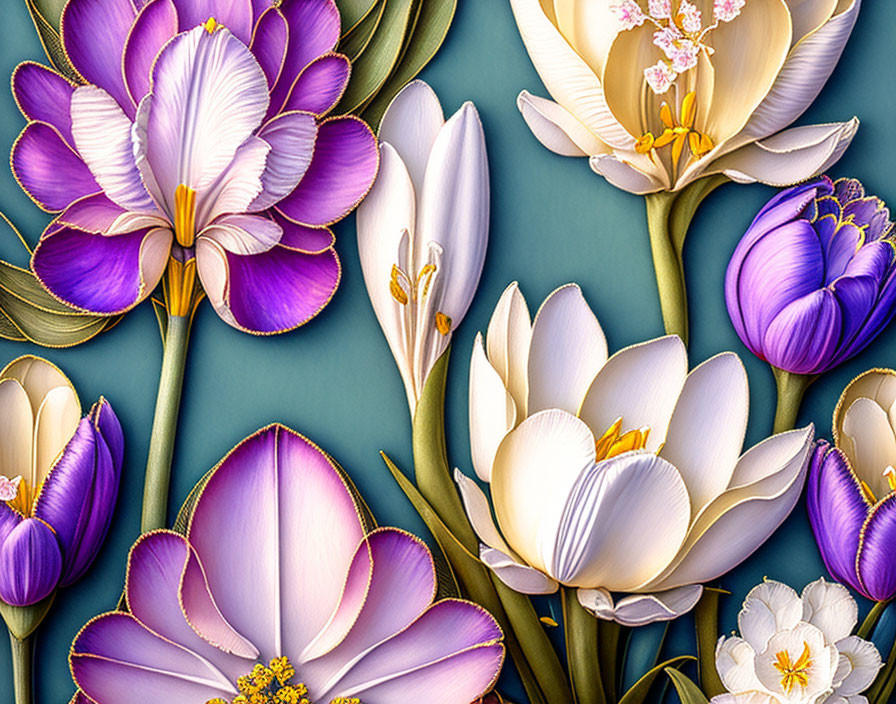 Detailed Purple, Lilac, and White Flowers on Teal Background