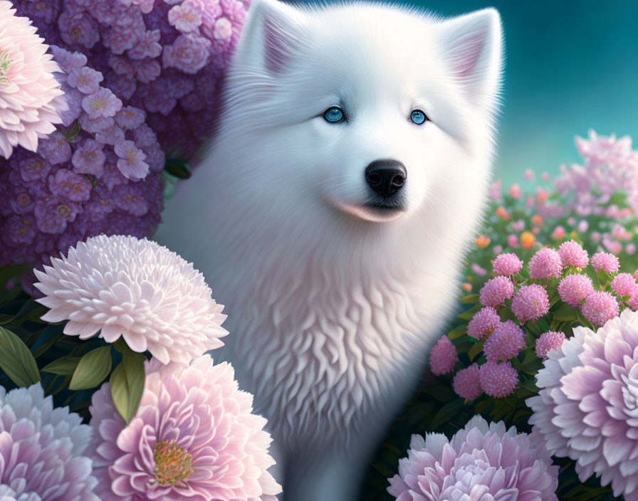 White Dog with Blue Eyes Surrounded by Pink and Purple Flowers