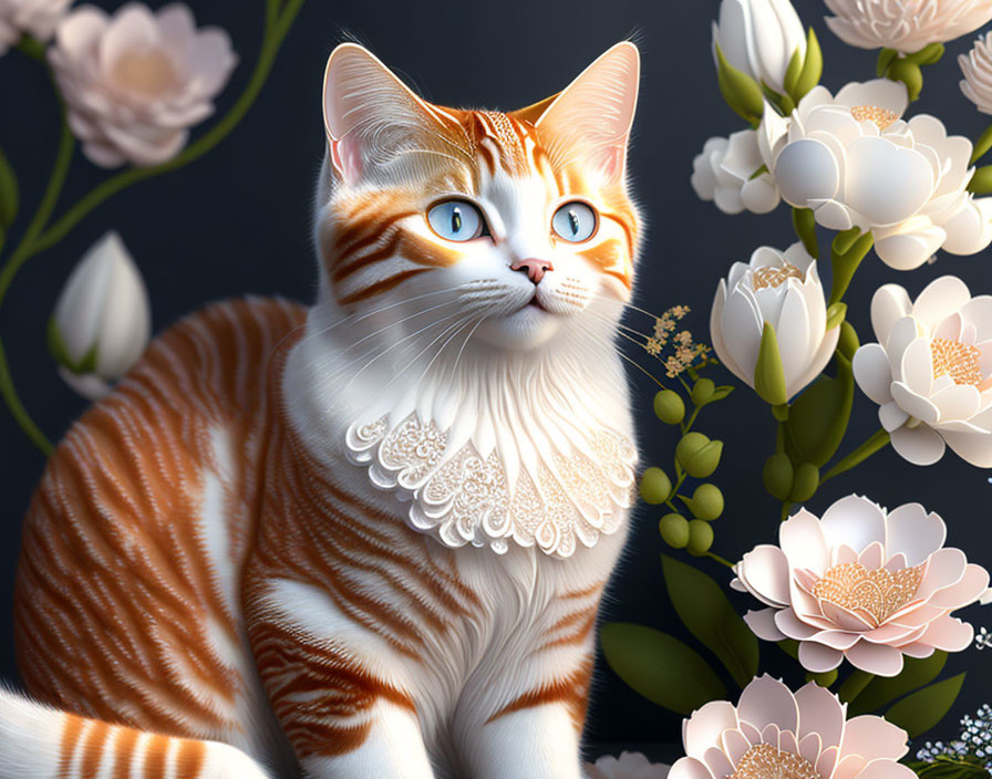 Orange and White Striped Cat with Blue Eyes and Collar in Floral Setting