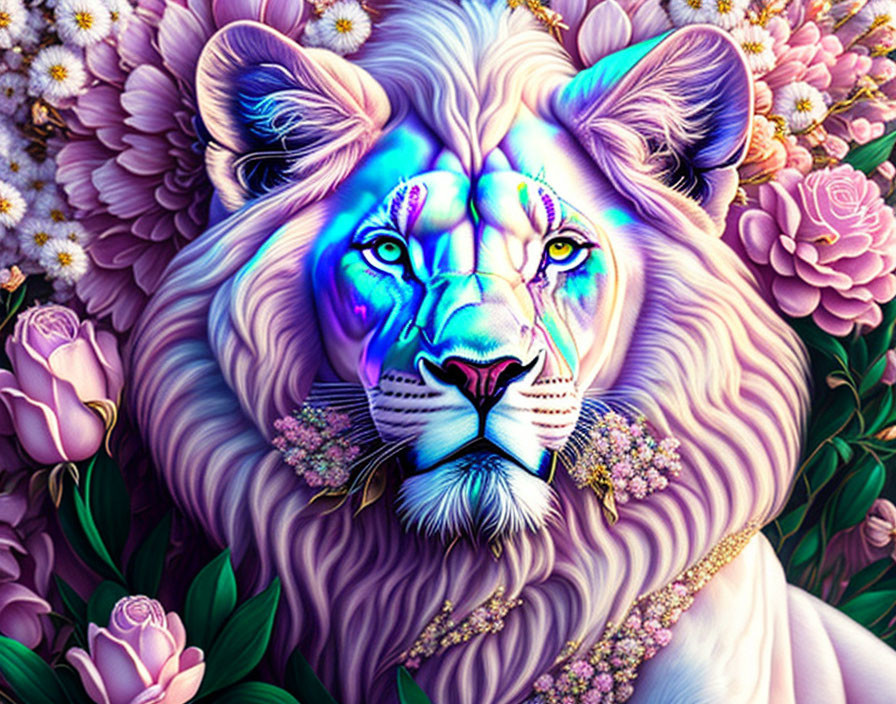 Colorful Illustration of Majestic Lion Surrounded by Flowers