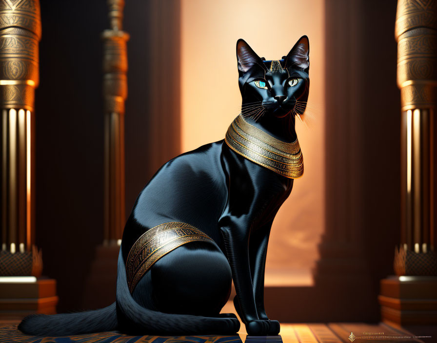 Black Cat Wearing Gold Jewelry in Egyptian-style Room