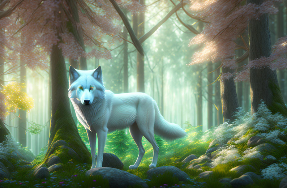 White Wolf in Mystical Forest with Pink Trees and Ethereal Glow