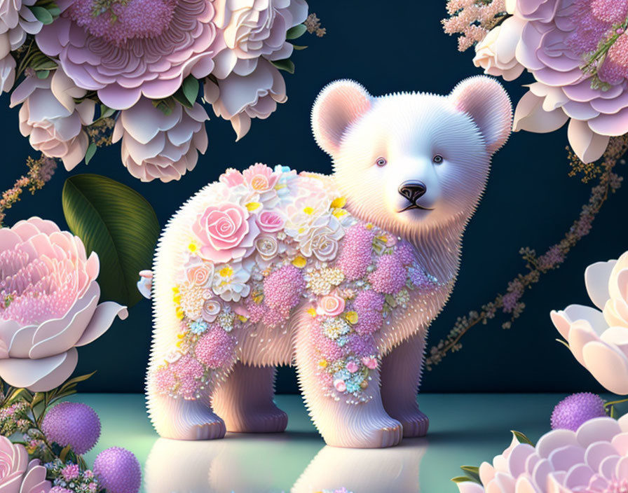 Colorful Flower-Covered Bear Illustration with Pink Blooms Background