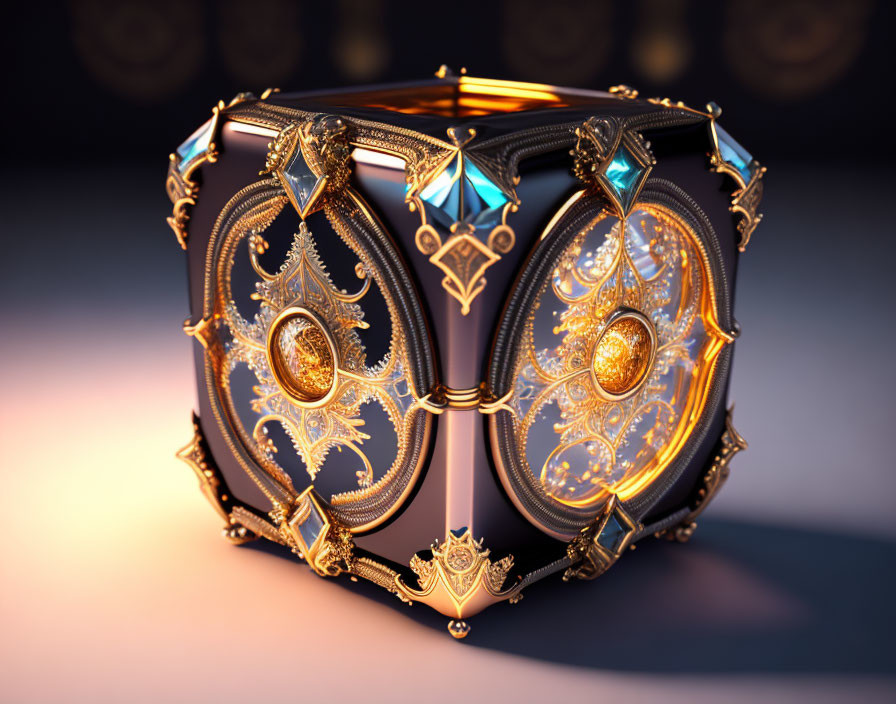 Cube-shaped ornate object with golden filigree and jewels on dark background