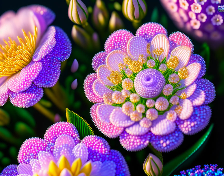 Colorful fractal flower digital art in purple, pink, and yellow hues