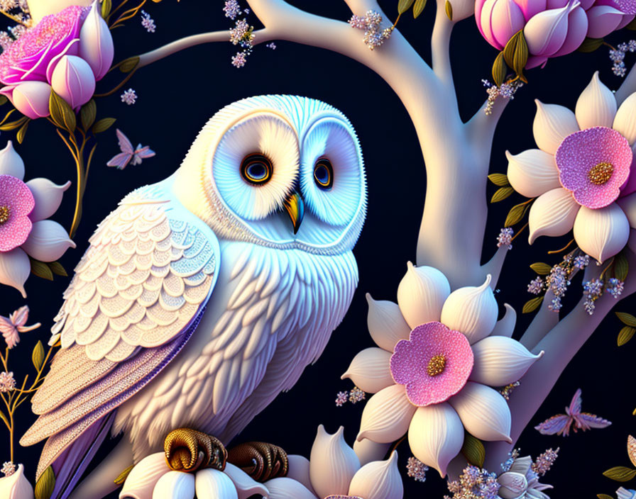 Stylized white owl on tree branch with pink and white flowers and brown snails
