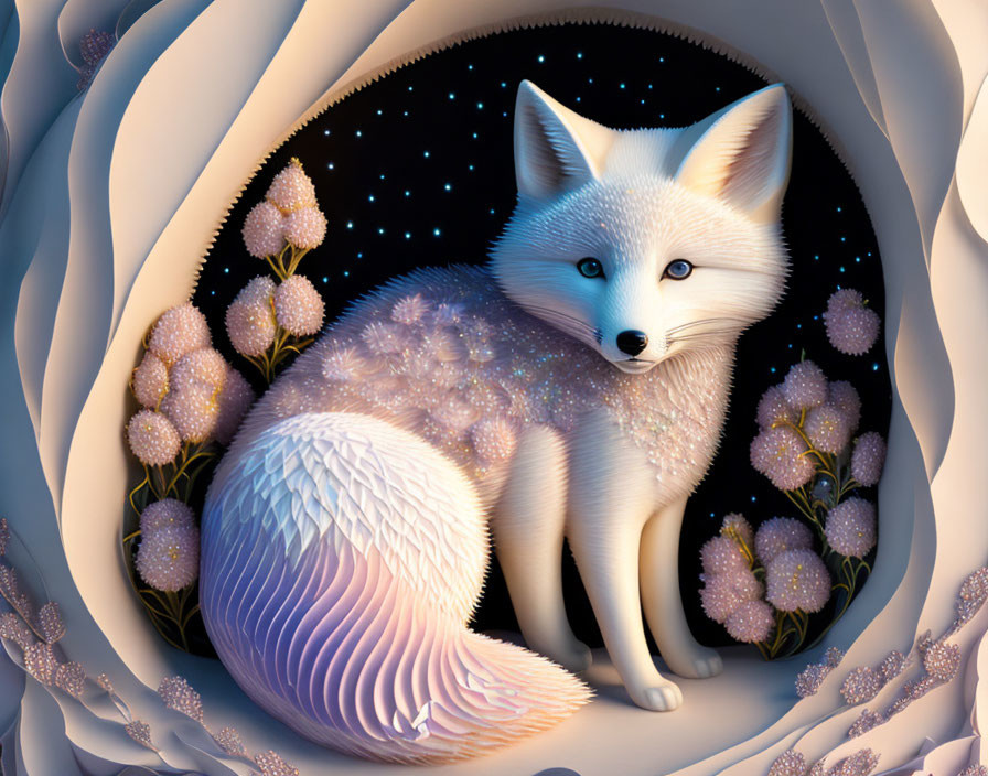 Illustration of white fox in floral swirls under starry sky