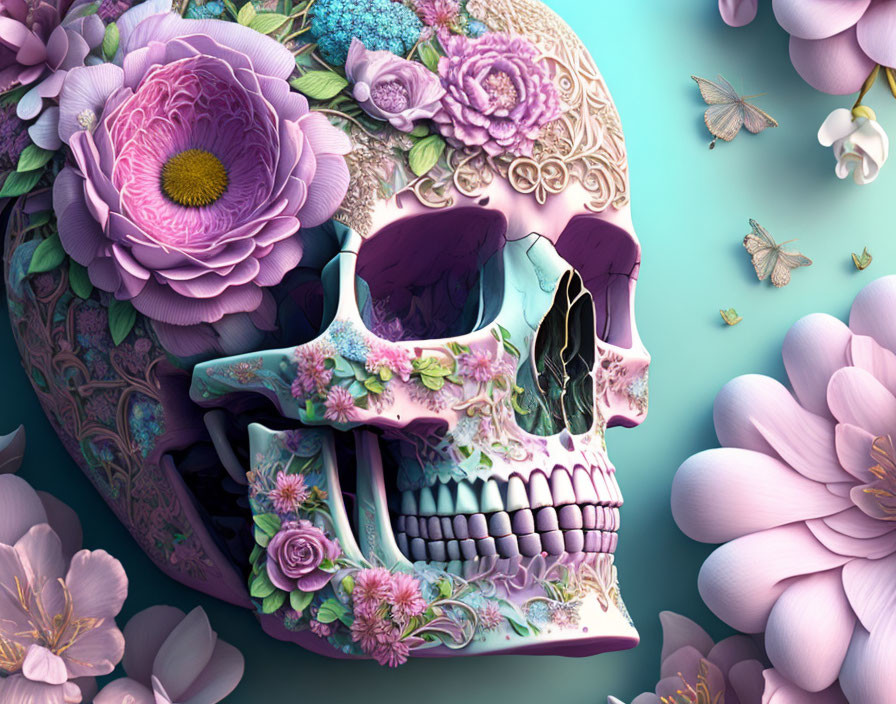 Intricate Floral Skull with Pink Flowers and Butterflies on Teal Background