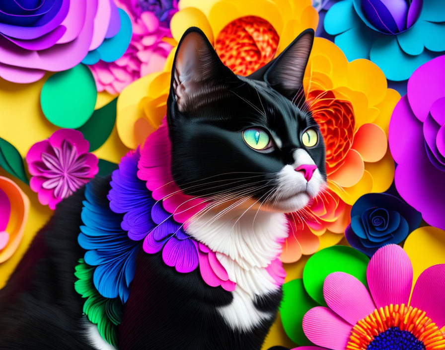 Black and White Cat with Green Eyes Among Colorful Paper Flowers
