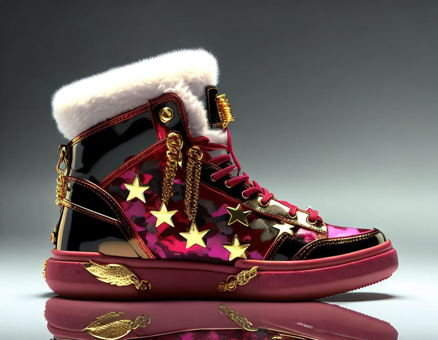 Red Star Pattern High-Top Sneaker with Gold Chains and Fur Trim