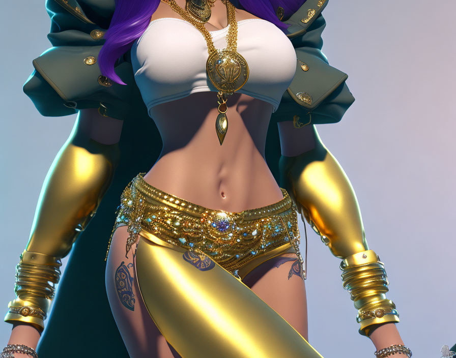 Purple-Haired Character in Fantasy Armor with Tattoos and Jewelry