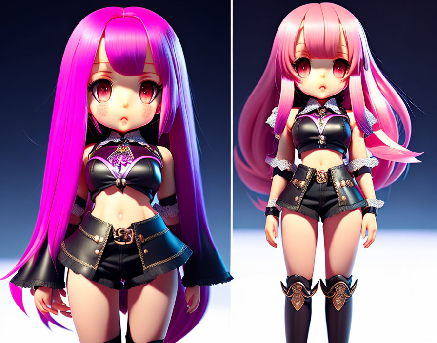 3D doll-like character with pink hair and large eyes in black and purple outfit