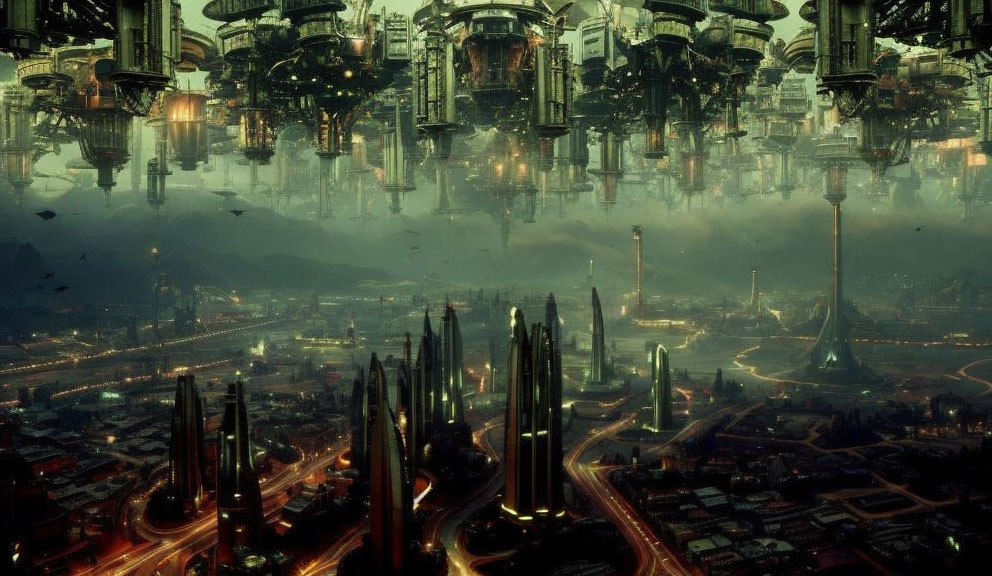 Futuristic Cityscape with Skyscrapers and Flying Vehicles