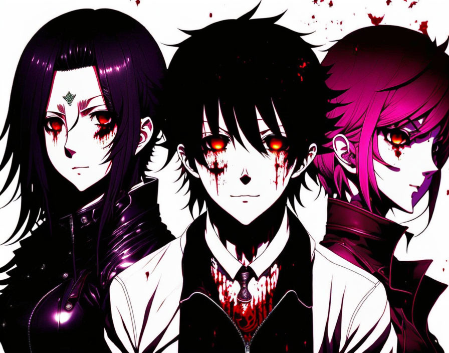 Three Anime Characters in Dark Attire with Red Eyes and Blood Splatter