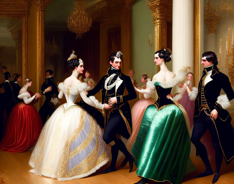 Victorian ballroom scene with couples in formal attire dancing