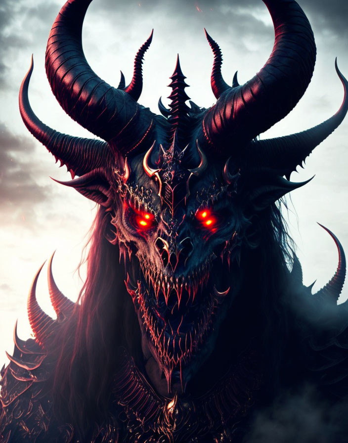 Sinister demonic creature with red eyes, sharp teeth, and twisted horns in dark setting