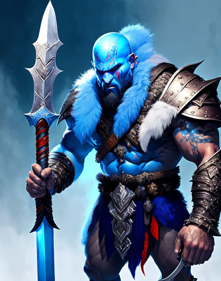 Fantasy warrior with blue skin and spear in fur and armor