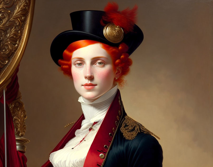 Person with Red Hair in Military Jacket, Cravat, and Top Hat