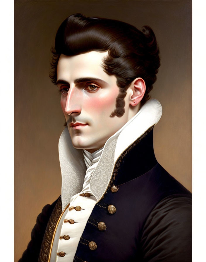 Stylized portrait of a man with sideburns in military-style attire