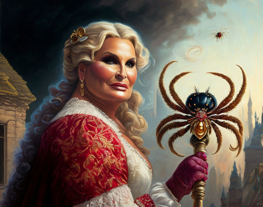 Opulent woman in red dress with spider staff in gothic setting