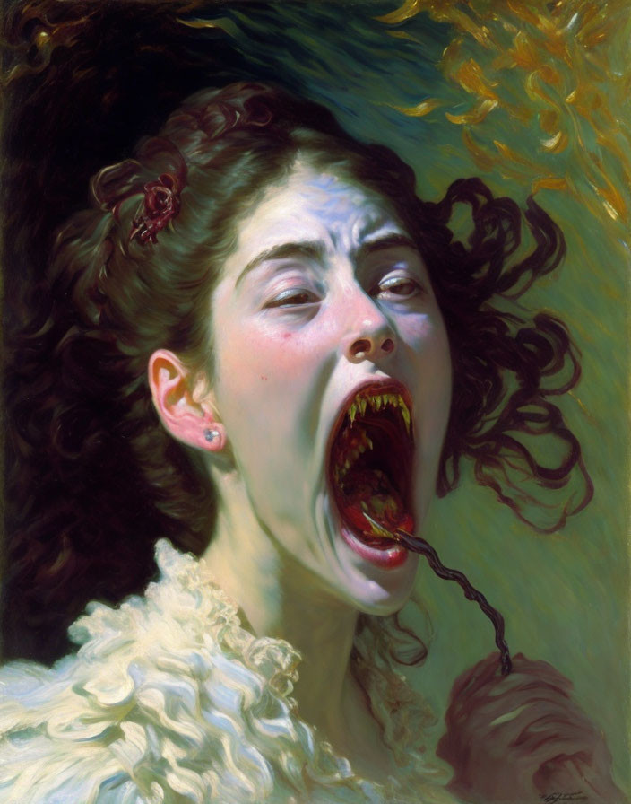 Distorted expression of a woman with open mouth and flowing hair.