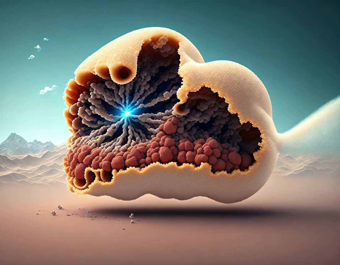 Surreal landscape with cloud-like structure and glowing orb against mountains