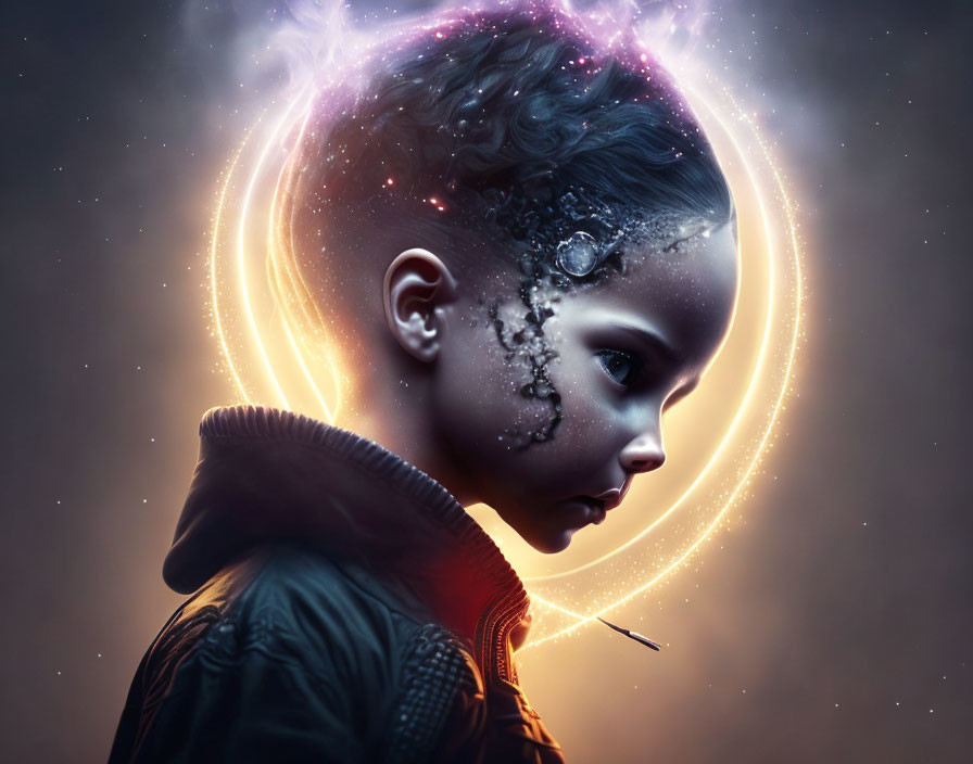 Child with cosmic-themed head in starry background and glowing rings.