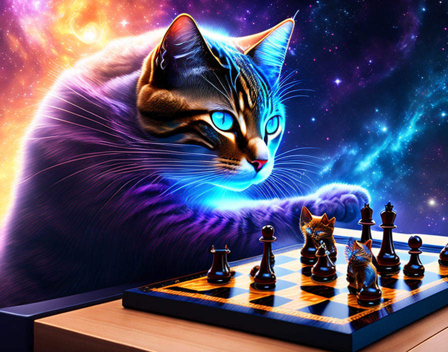 Giant cosmic cat on starry chessboard with tiny cat pieces