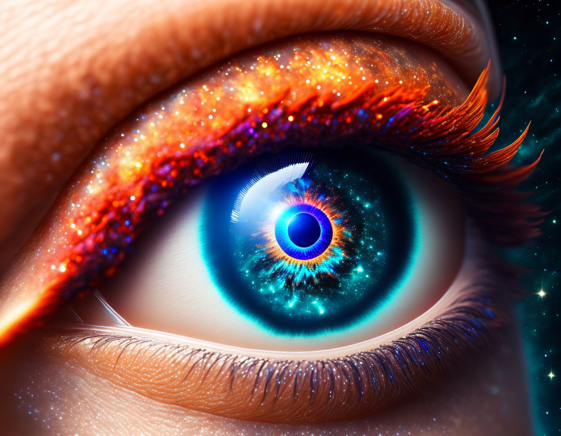 Vibrant eye with cosmic galaxy iris and glittery orange eyeshadow