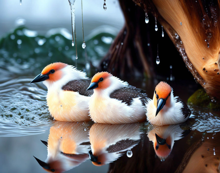 Birds with Orange, Black, and White Plumage Near Water with Reflective Surface and Ic