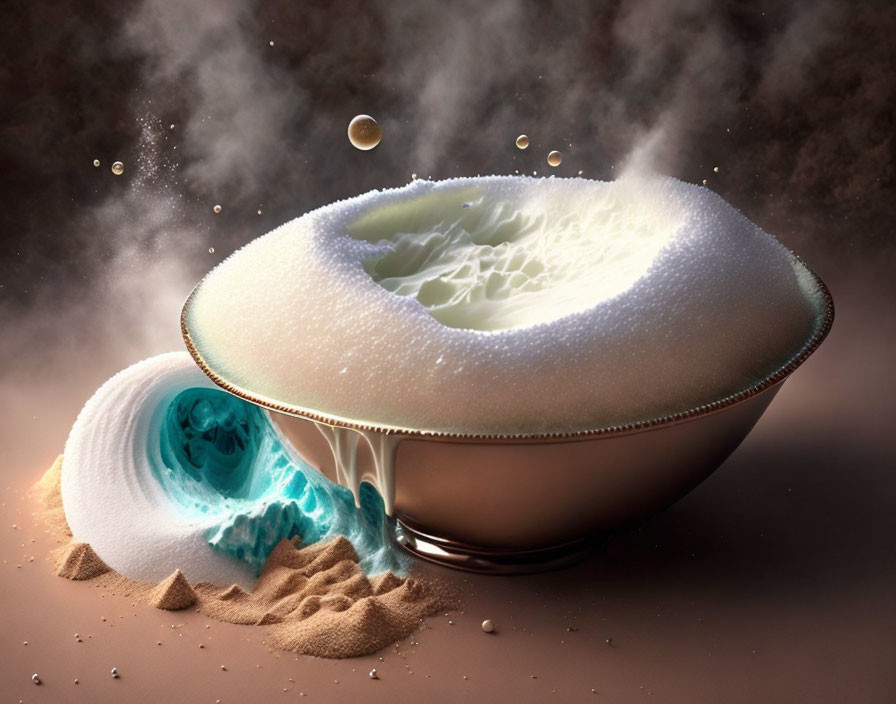 Surreal image of frothy liquid spilling from bowl