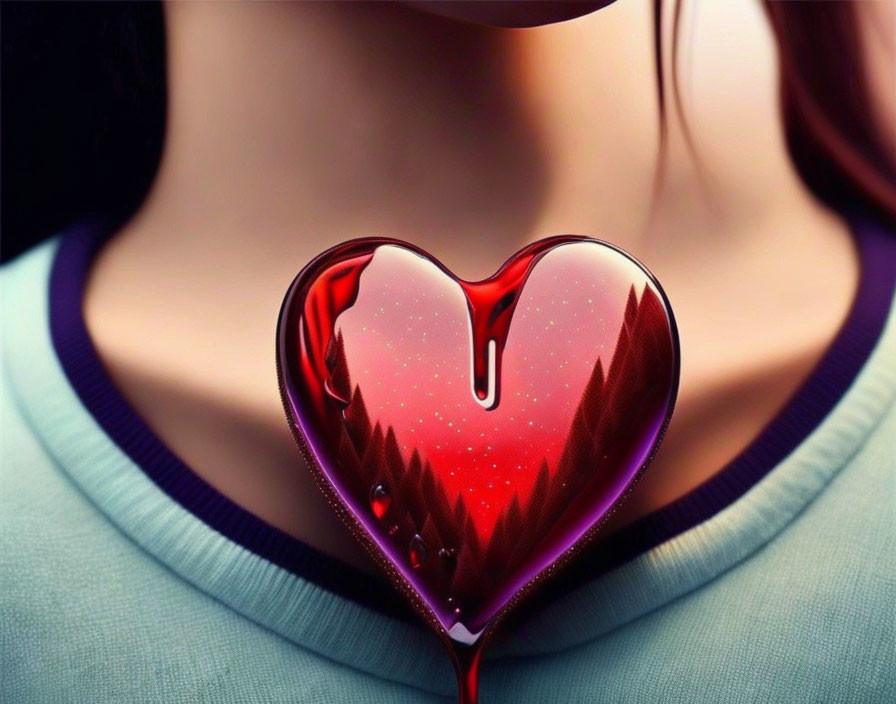 Stylized heart-shaped pendant with red starry texture on woman's neck
