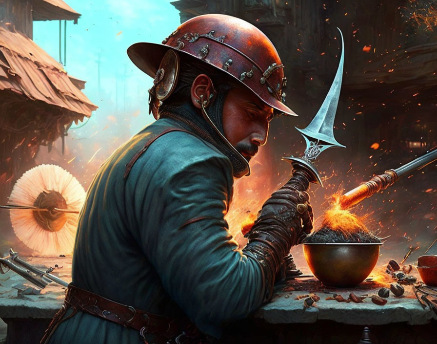 Historical figure crafting glowing weapon in fiery workshop