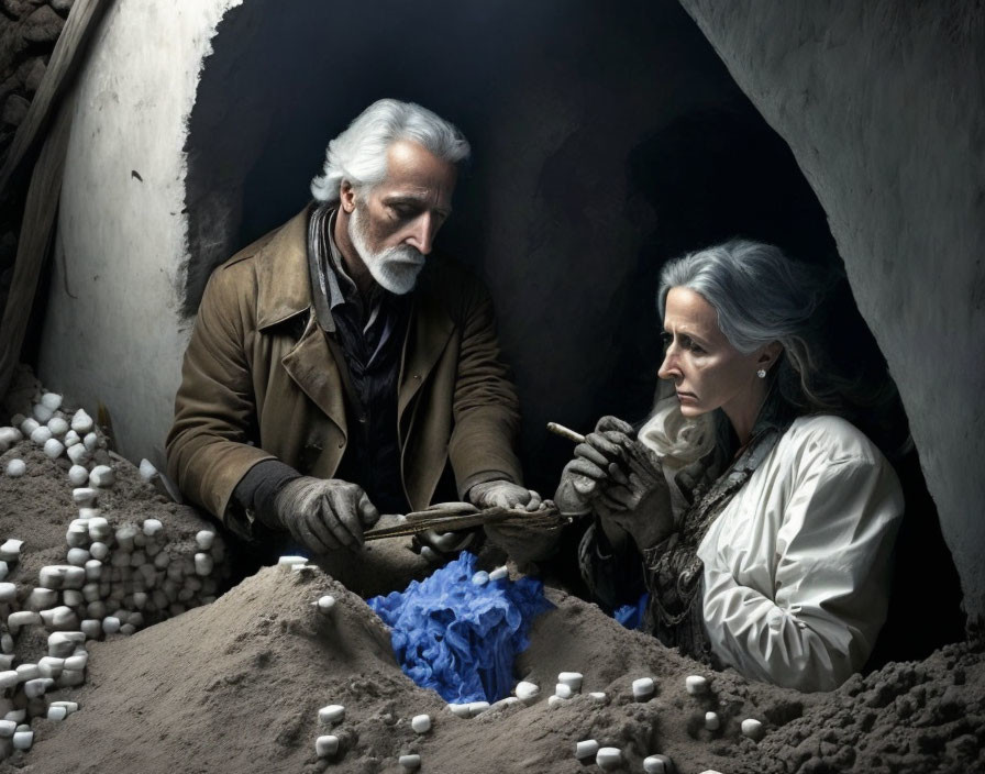 Elderly individuals inspect silk cocoons in dimly lit room