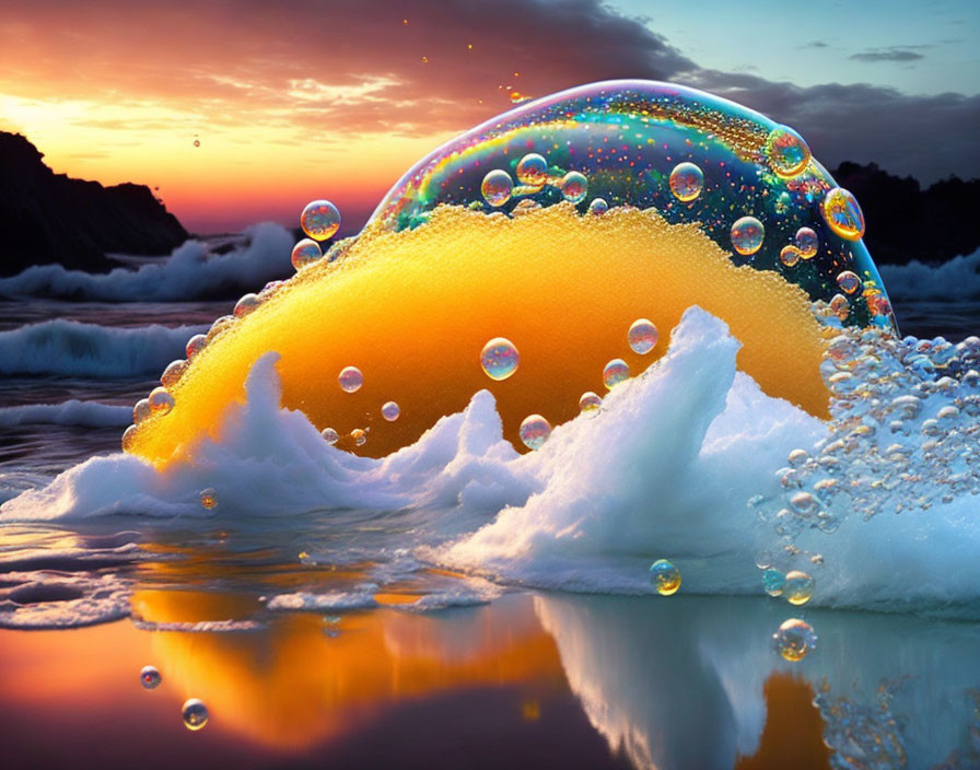 Colorful Beach Sunset with Soap Bubble on Breaking Wave