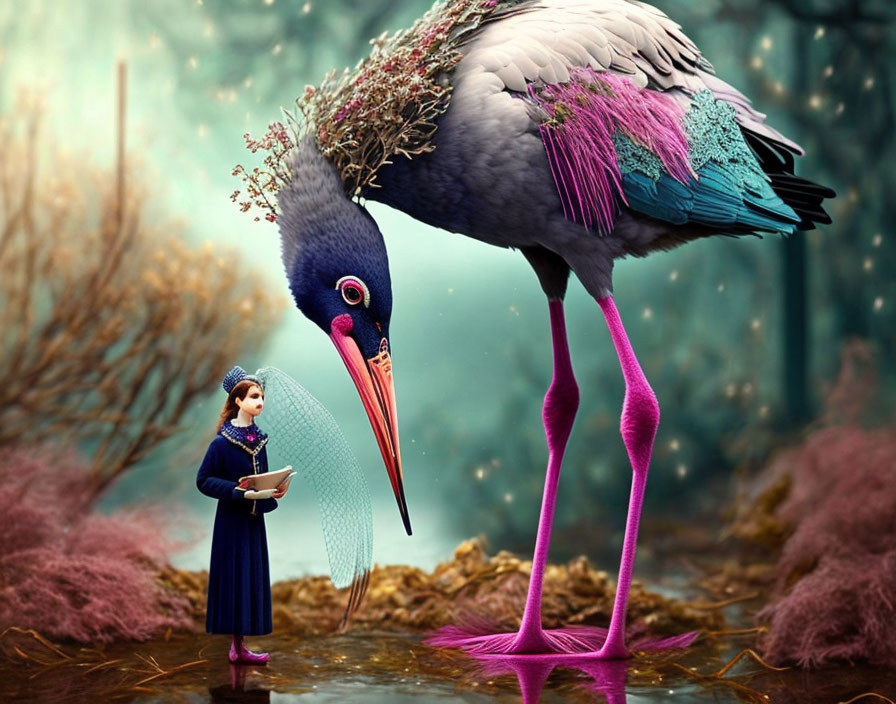 Colorful bird and small figure in surreal landscape