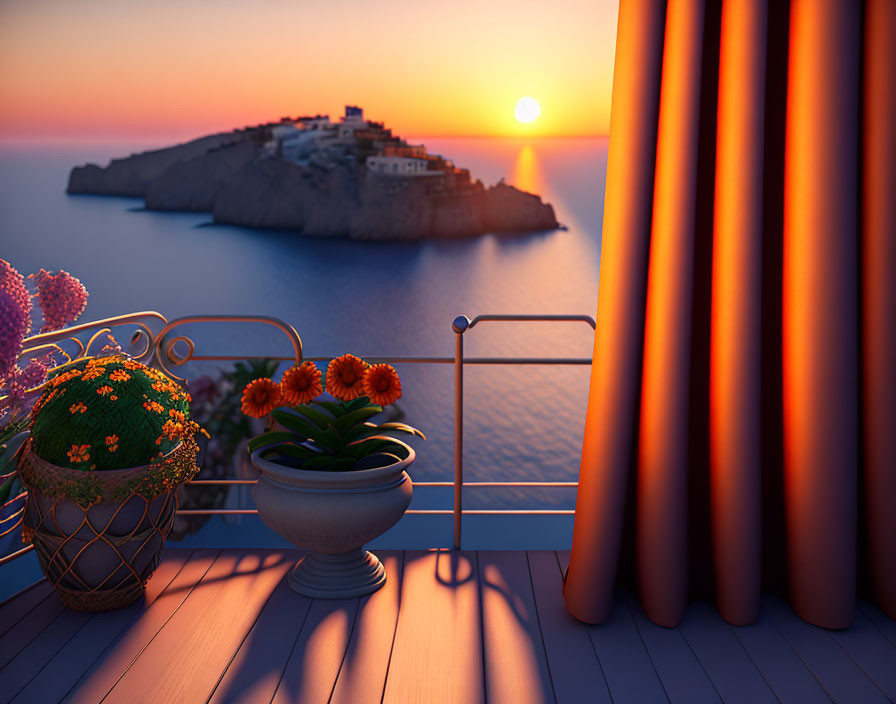 Balcony sunset view of coastal town and cliff plants