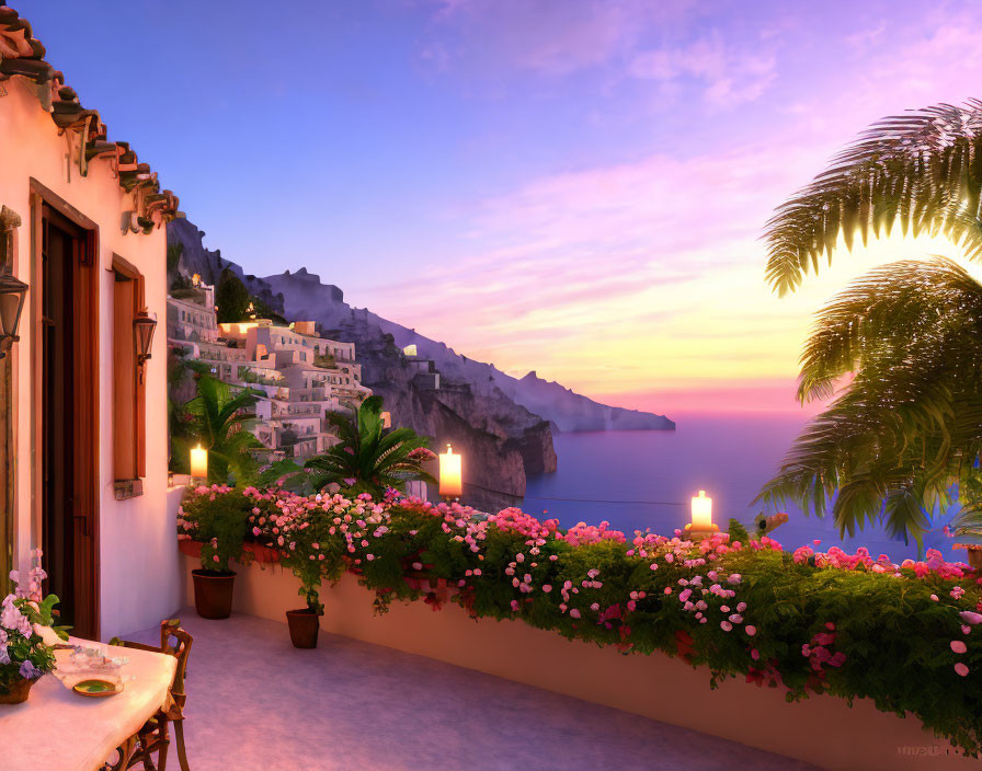 Scenic terrace with coastal town and sunset sea view