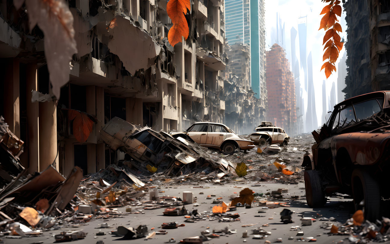 Desolate post-apocalyptic urban street scene with damaged buildings, debris, and fallen autumn leaves.