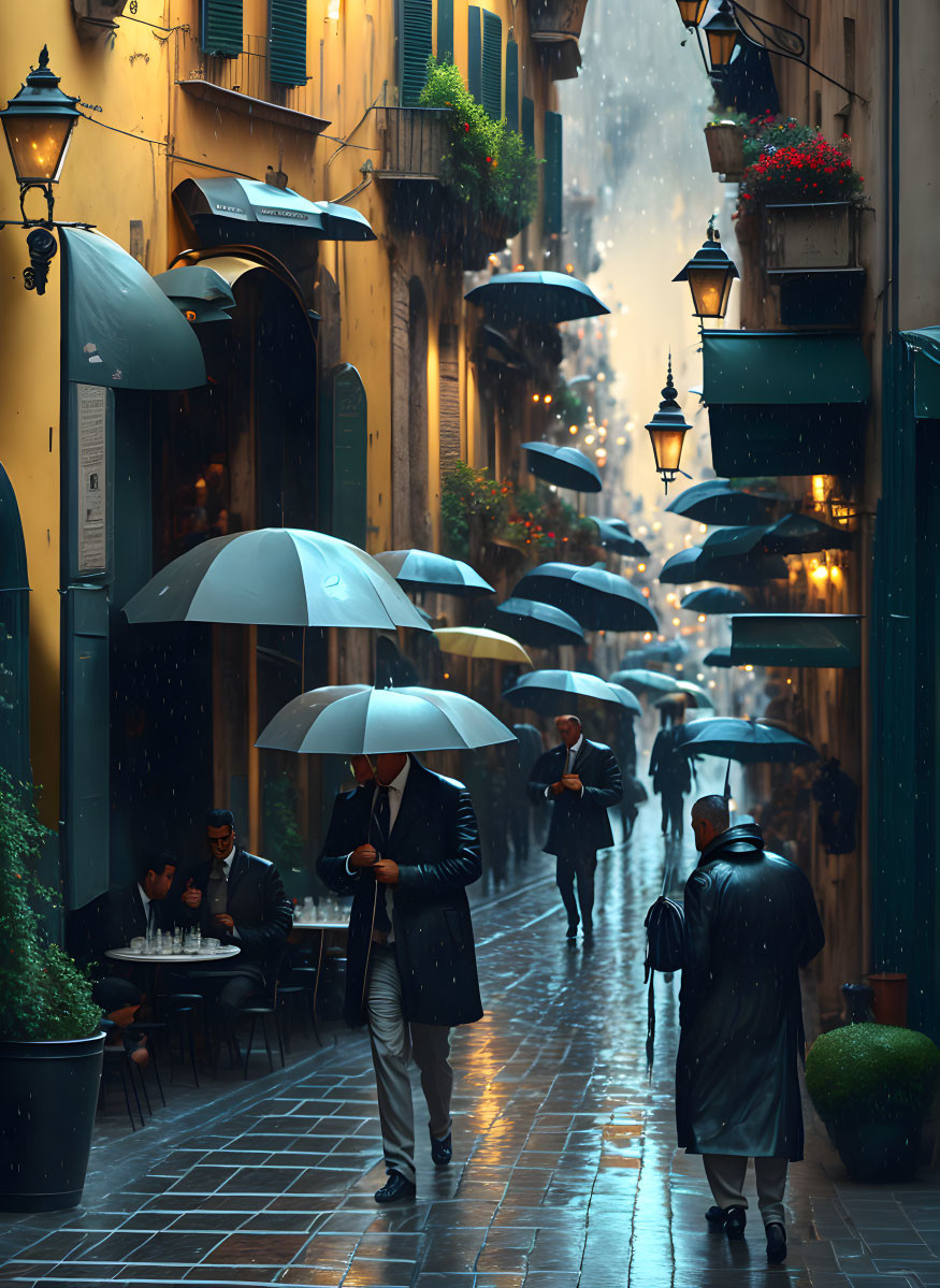 Rainy Evening Scene: Narrow Street, Umbrellas, Cozy Café, Conversation
