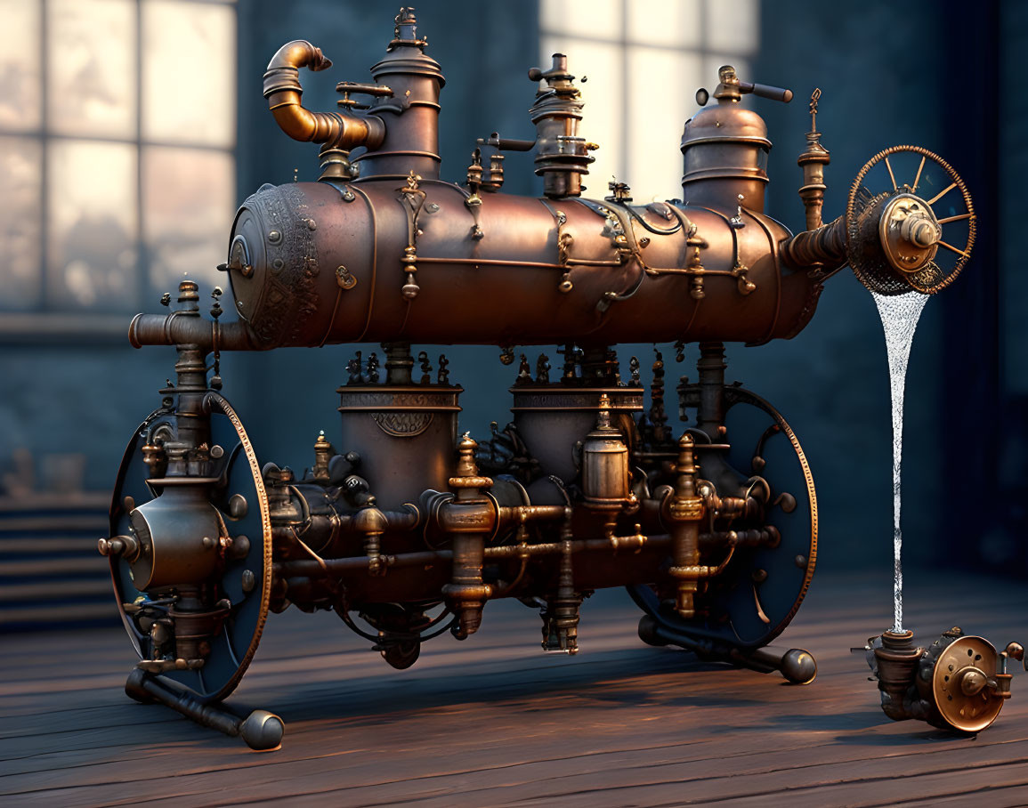 Steampunk water jet apparatus in room with hazy light