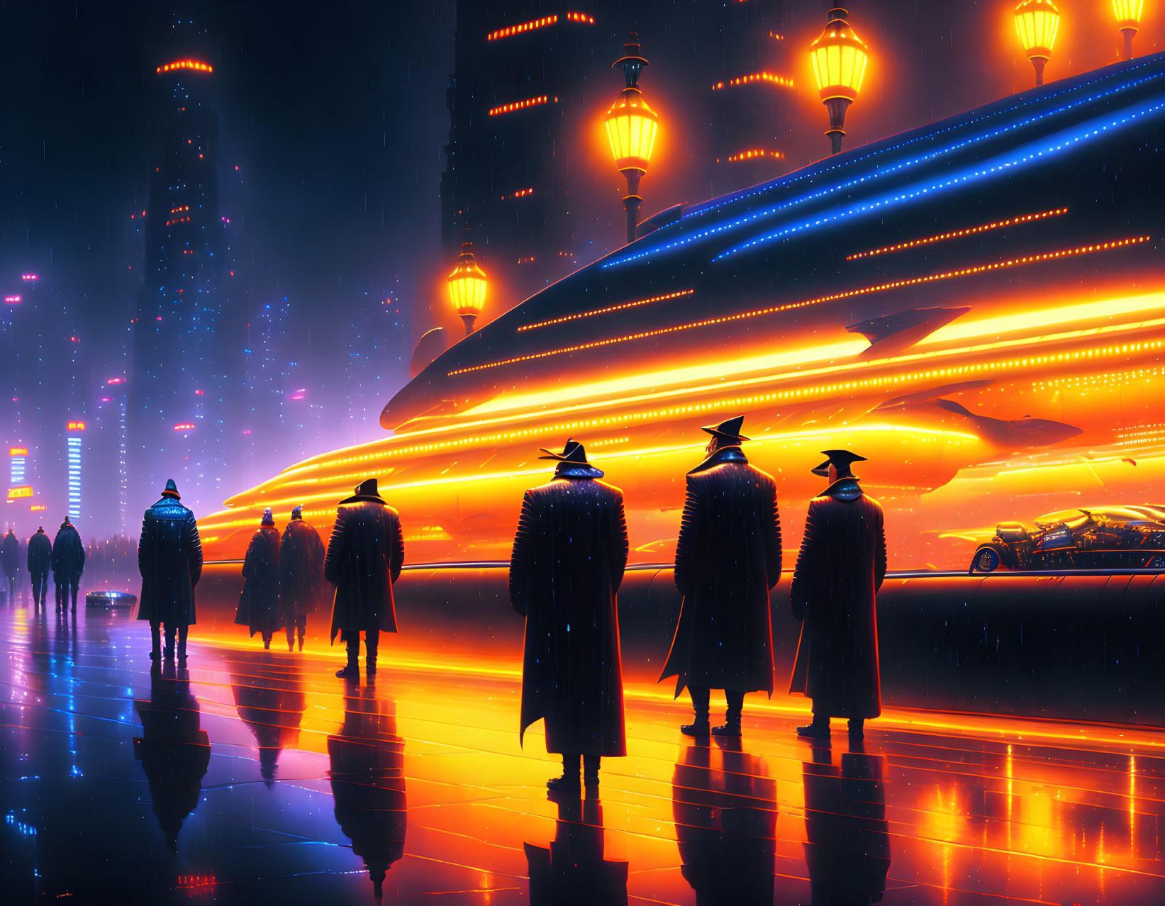 Futuristic cityscape with rain, people in long coats, neon lights, and speeding train