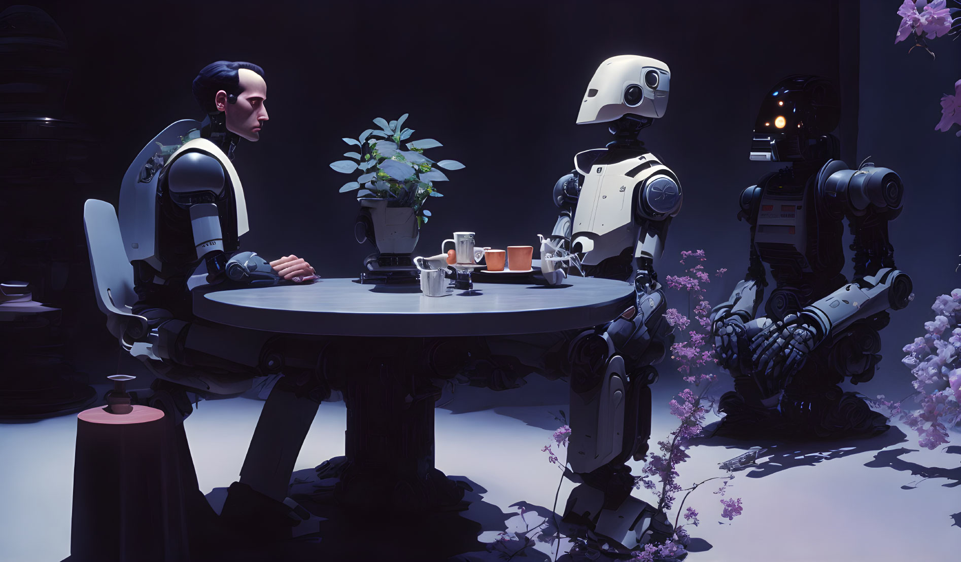 Humanoid robots at round table with plant centerpiece in dimly lit room