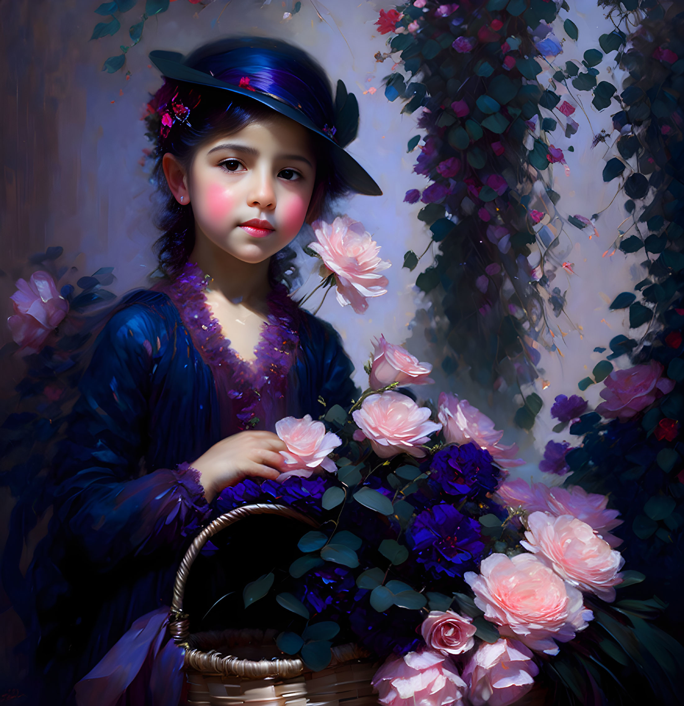 Young girl in navy blue dress and floral hat with pink roses basket, painterly style, dark floral