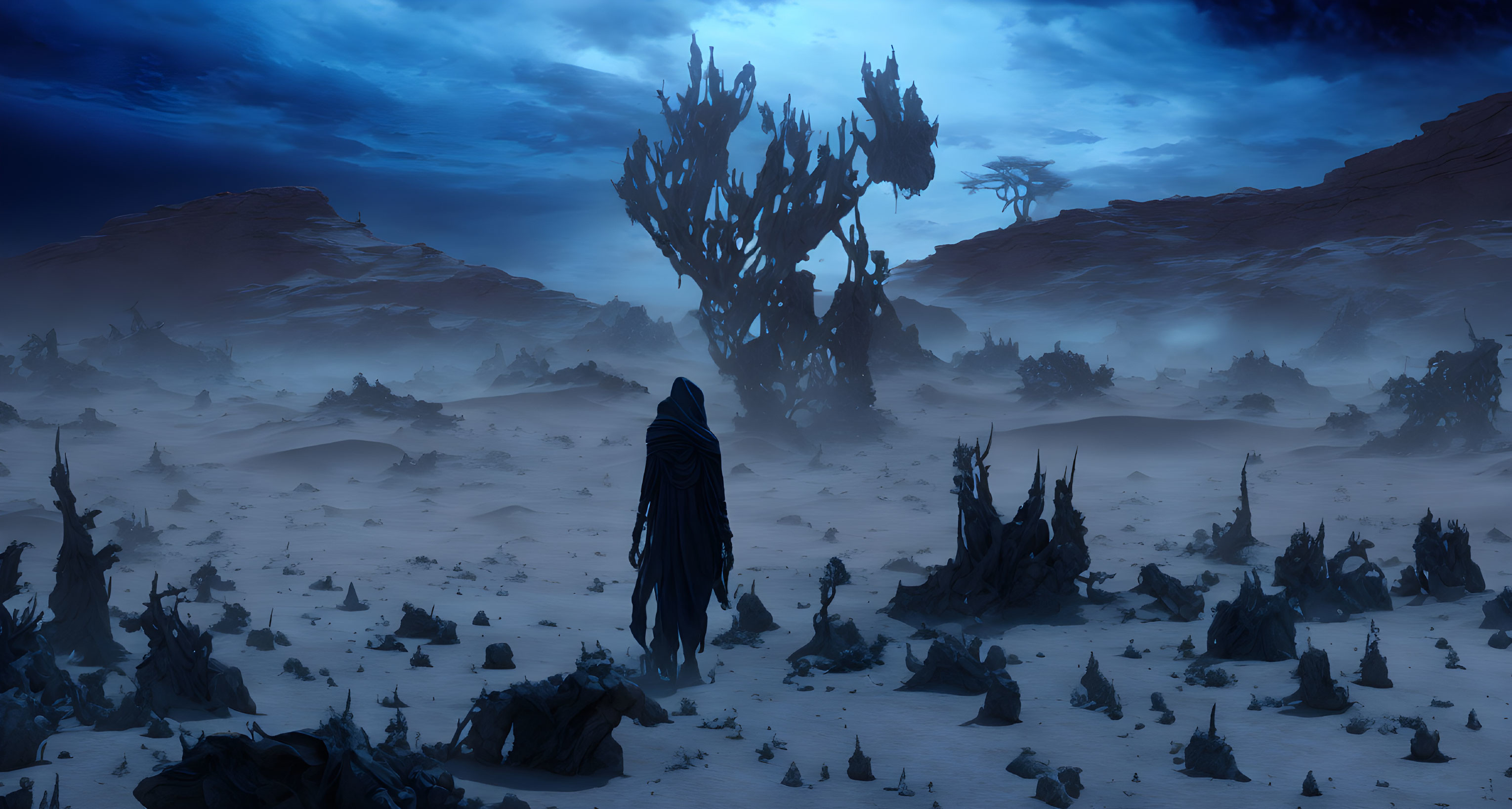 Cloaked Figure in Desolate Blue Landscape with Tree