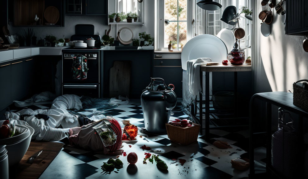 Dimly-lit kitchen scene with person on floor amidst spilled ingredients.